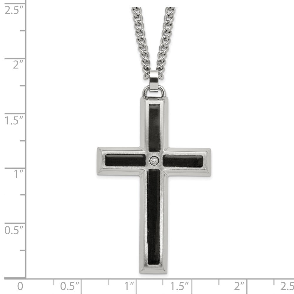 MJ Stainless Steel with Black Enamel Inlay Diamond Cross 24 inch Curb Chain Necklace