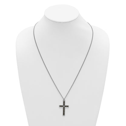 MJ Stainless Steel Carbon Fiber Inlay and .02ct. Diamond Cross 24 Inch Curb Chain Necklace