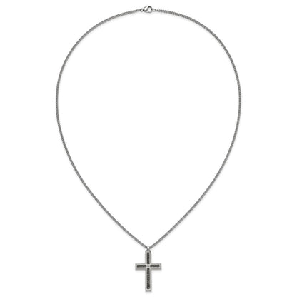 MJ Stainless Steel Carbon Fiber Inlay and .02ct. Diamond Cross 24 Inch Curb Chain Necklace