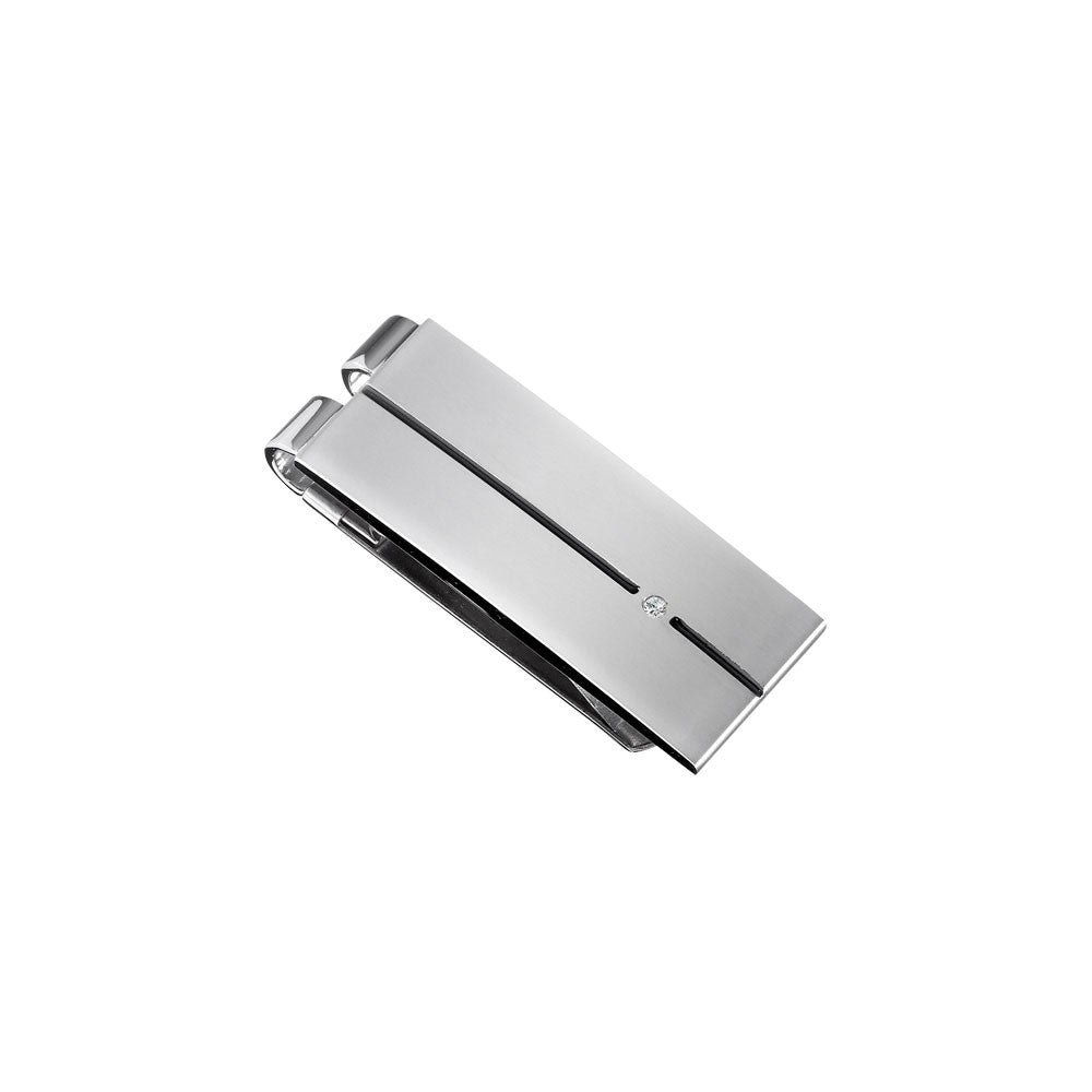 Men's Stainless Steel Money Clip with 03ct Diamond Accent and Black Enamel