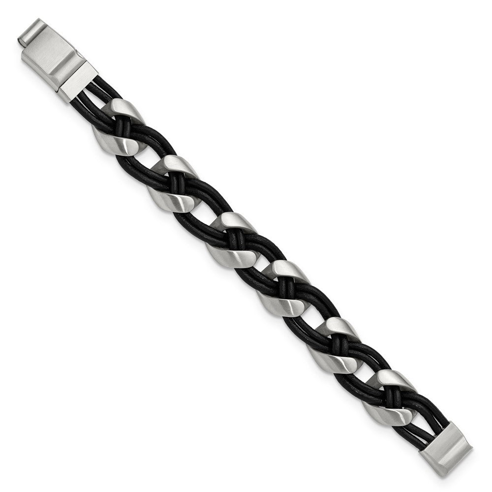 MJ Stainless Steel and Black Leather Braided 8.5 inch with .75 inch extension Bracelet