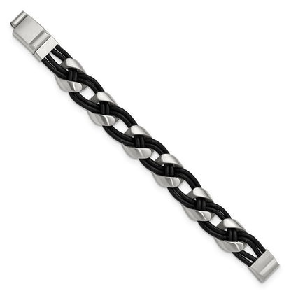MJ Stainless Steel and Black Leather Braided 8.5 inch with .75 inch extension Bracelet