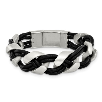 MJ Stainless Steel and Black Leather Braided 8.5 inch with .75 inch extension Bracelet