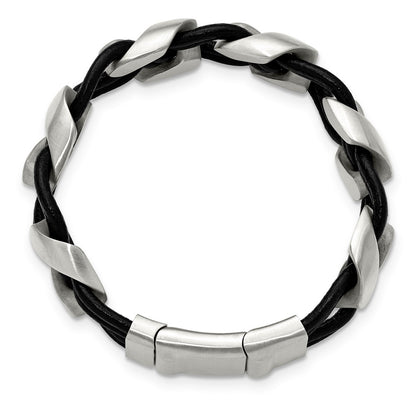 MJ Stainless Steel and Black Leather Braided 8.5 inch with .75 inch extension Bracelet