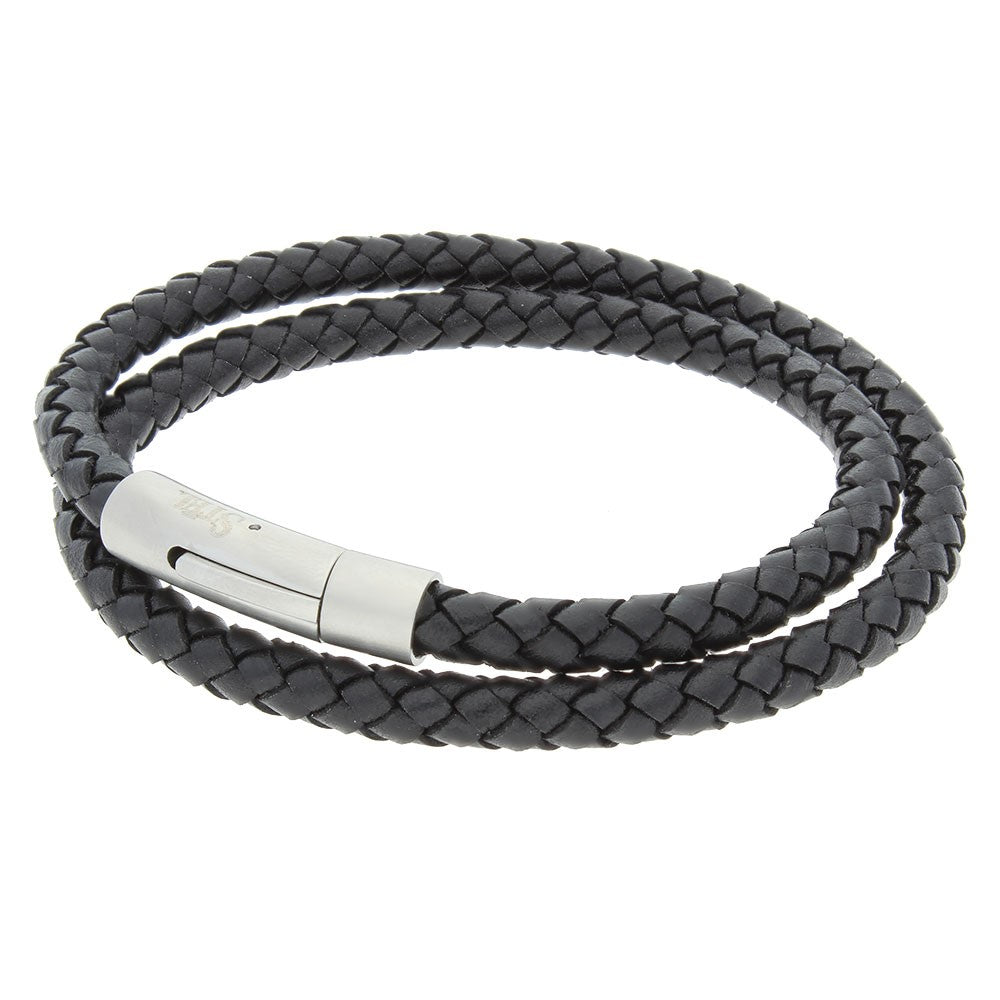 Stainless Steel Black Leather Braided Rope Double Bracelet or Necklace