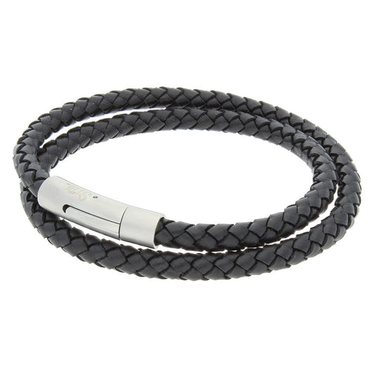 Stainless Steel Black Leather Braided Rope Double Bracelet or Necklace
