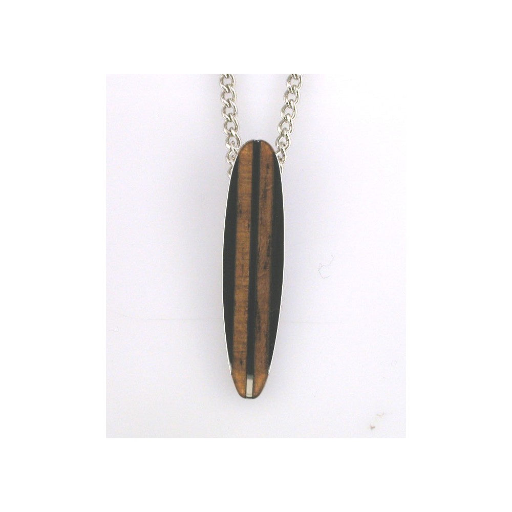 Stainless Steel and KOA Wood Long Surfboard 24 Inch Curb Chain Necklace