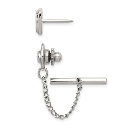 MJ Stainless Steel Textured Black IP-plated Tie Tac with Chain