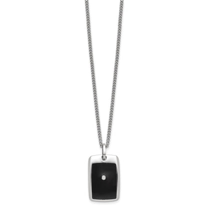 MJ Stainless Steel with Black Enamel .03 carat Diamond Dog Tag 24 Inch Curb Chain Necklace