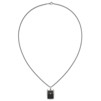 MJ Stainless Steel with Black Enamel .03 carat Diamond Dog Tag 24 Inch Curb Chain Necklace