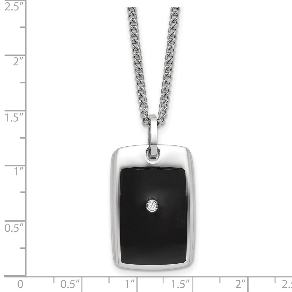 MJ Stainless Steel with Black Enamel .03 carat Diamond Dog Tag 24 Inch Curb Chain Necklace