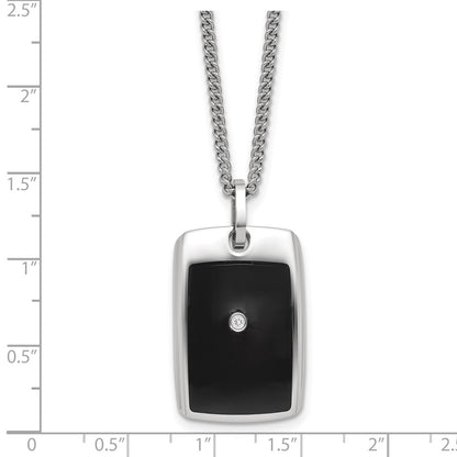 MJ Stainless Steel with Black Enamel .03 carat Diamond Dog Tag 24 Inch Curb Chain Necklace
