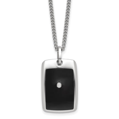 IBGoodman Stainless Steel with Black Enamel .03 carat Diamond Dog Tag 24 Inch Curb Chain Necklace