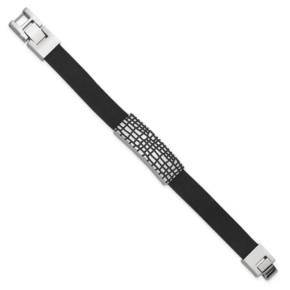 MJ Stainless Steel Textured with Black Enamel ID Black Leather 7.5 inch with .5 inch extension Bracelet