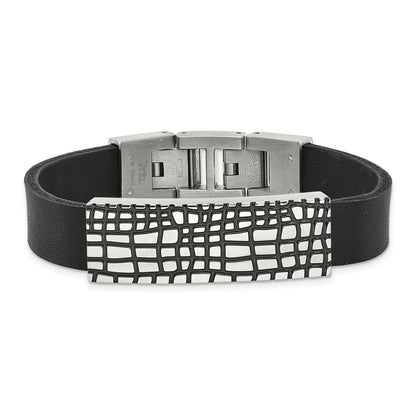 MJ Stainless Steel Textured with Black Enamel ID Black Leather 7.5 inch with .5 inch extension Bracelet