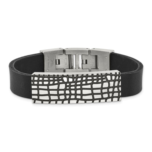 MJ Stainless Steel Textured with Black Enamel ID Black Leather 7.5 inch with .5 inch extension Bracelet