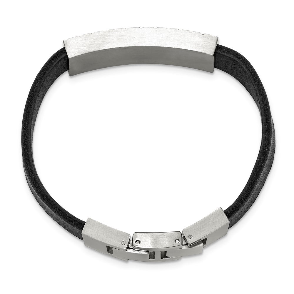 MJ Stainless Steel Textured with Black Enamel ID Black Leather 7.5 inch with .5 inch extension Bracelet