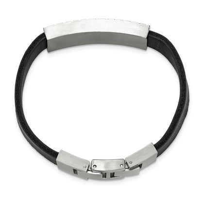 MJ Stainless Steel Textured with Black Enamel ID Black Leather 7.5 inch with .5 inch extension Bracelet
