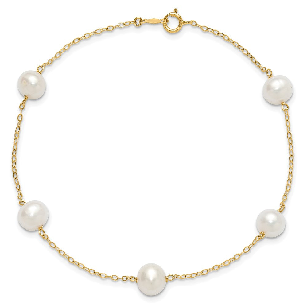 PGB 10k 7-8mm White Near-Round Freshwater Cultured Pearl 5-Station 9 inch Anklet