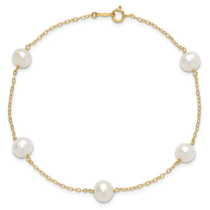 PGB 10k 7-8mm White Near-Round Freshwater Cultured Pearl 5-Station 9 inch Anklet