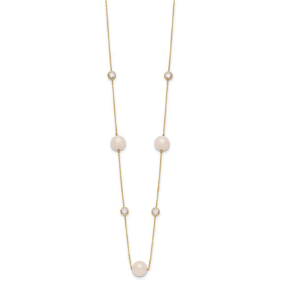 PGN 10K Polished CZ and 7-8mm FWC Pearl 7 Station Necklace