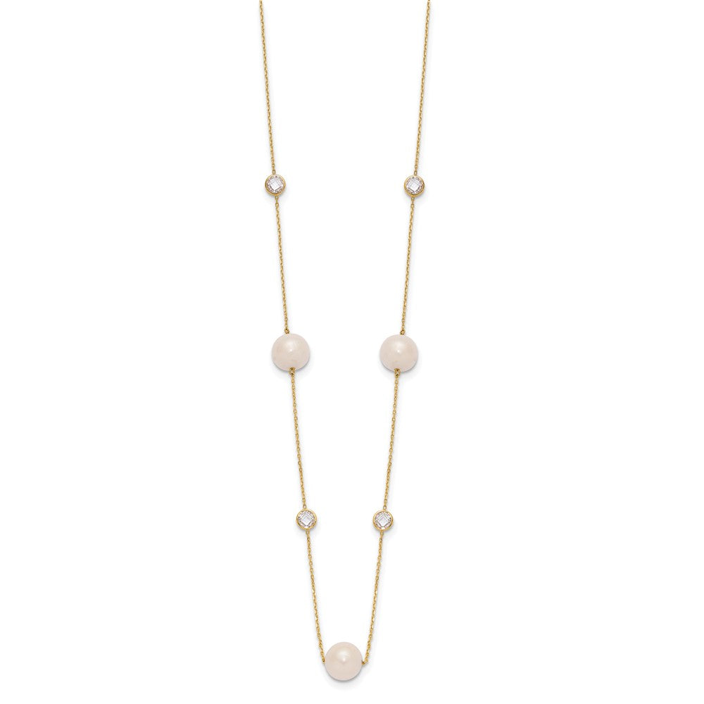 10K Gold Polished CZ and 7-8mm FWC Pearl 7 Station Necklace