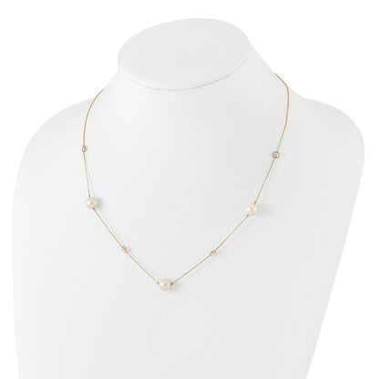 10K Gold Polished CZ and 7-8mm FWC Pearl 7 Station Necklace