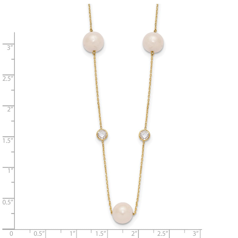 10K Gold Polished CZ and 7-8mm FWC Pearl 7 Station Necklace