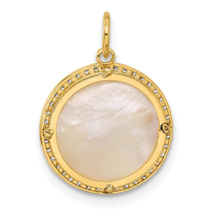 PGP 10K Polished CZ and Mother of Pearl Sun Moon and Stars Disc Charm