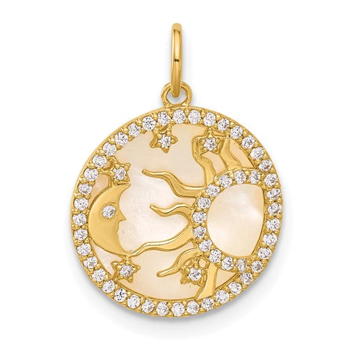 PGP 10K Polished CZ and Mother of Pearl Sun Moon and Stars Disc Charm