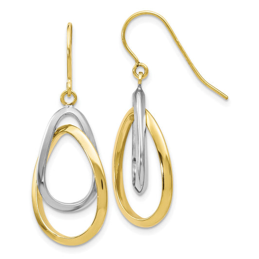 10K Two-tone Polished Shepherd Hook Dangle Earrings