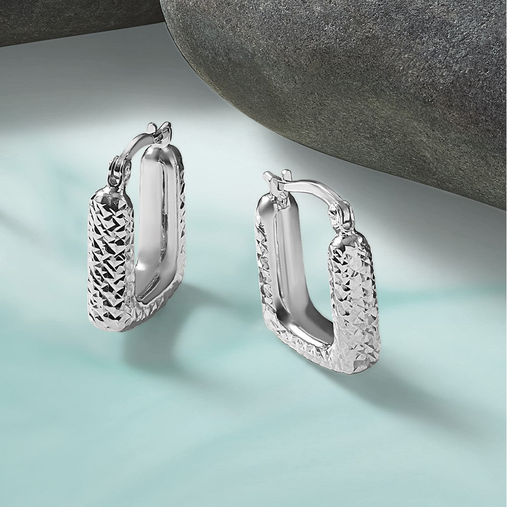 GE 10K White Gold Polished and Diamond-cut Square Hoop Earrings