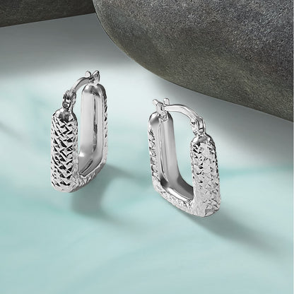 GE 10K White Gold Polished and Diamond-cut Square Hoop Earrings