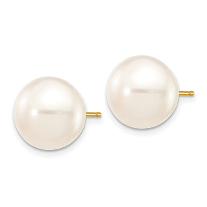 10k Gold 11-12mm White Button Freshwater Cultured Pearl Stud Post Earrings