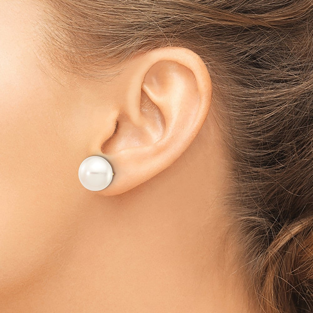 10k Gold 11-12mm White Button Freshwater Cultured Pearl Stud Post Earrings