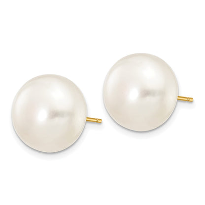 10k Gold 12-13mm White Button Freshwater Cultured Pearl Stud Post Earrings