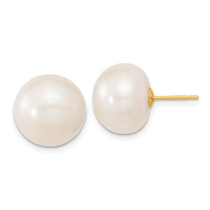 10k 13-14mm White Button Freshwater Cultured Pearl Stud Post Earrings