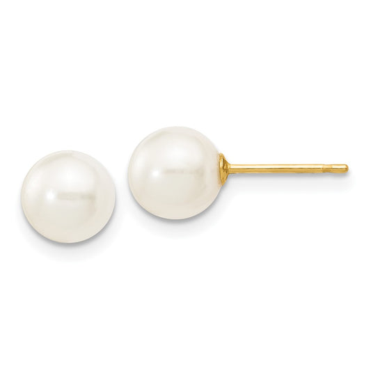 10k 6-7mm White Round Freshwater Cultured Pearl Stud Post Earrings