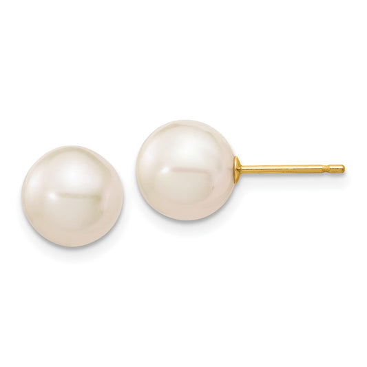 10k 8-9mm White Round Freshwater Cultured Pearl Stud Post Earrings