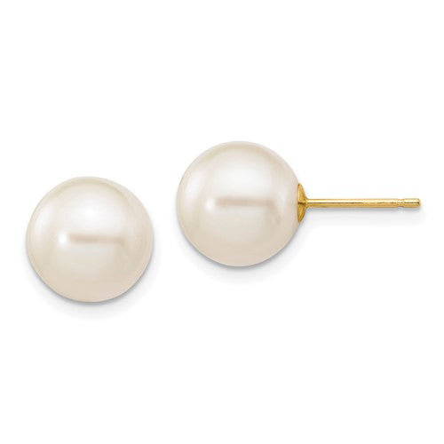 PGE 10k 9-10mm White Round Freshwater Cultured Pearl Stud Post Earrings