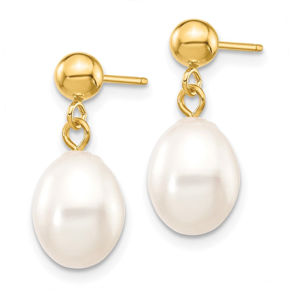 10k Gold 7-8mm White Rice Freshwater Cultured Pearl Dangle Post Earrings