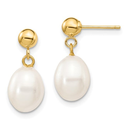 PGE 10k 7-8mm White Rice Freshwater Cultured Pearl Dangle Post Earrings
