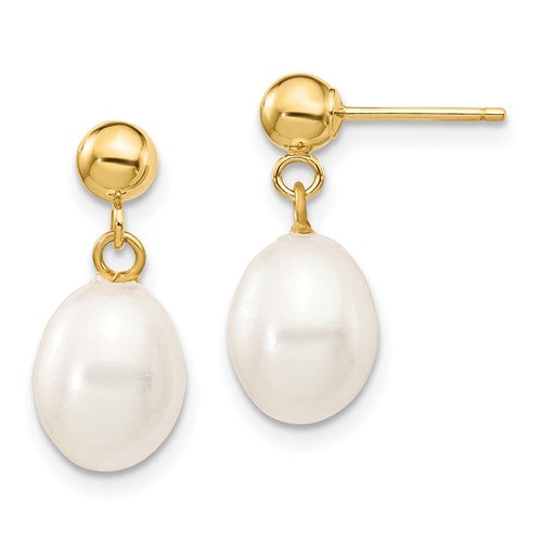 PGE 10k 7-8mm White Rice Freshwater Cultured Pearl Dangle Post Earrings