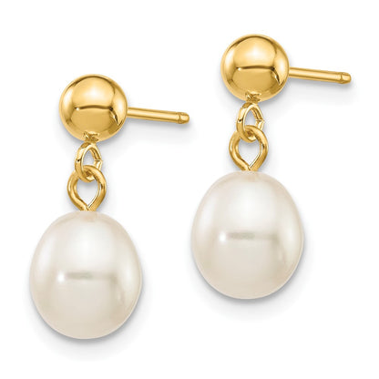 10k Gold 6-7mm White Rice Freshwater Cultured Pearl Dangle Post Earrings