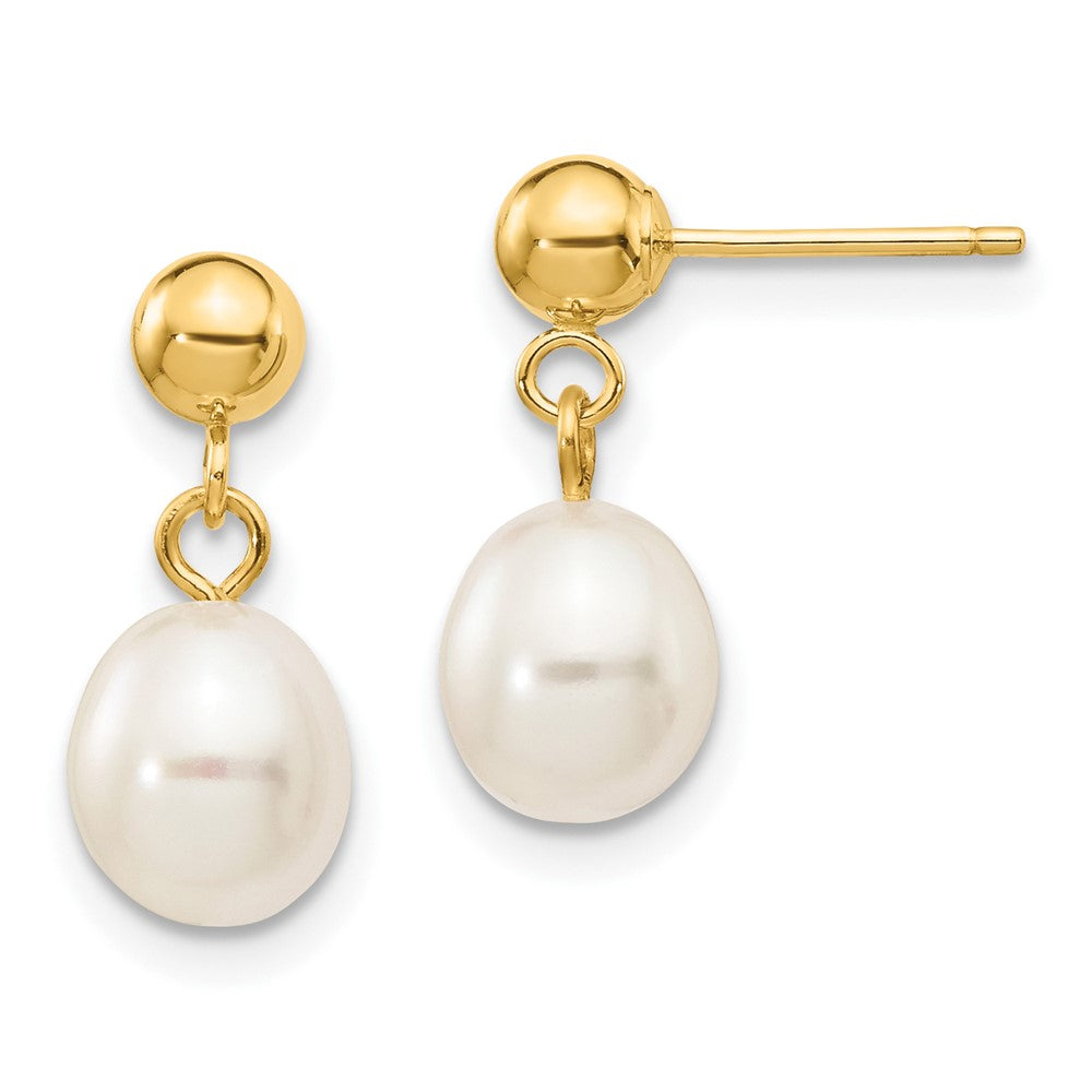 10k 6-7mm White Rice Freshwater Cultured Pearl Dangle Post Earrings