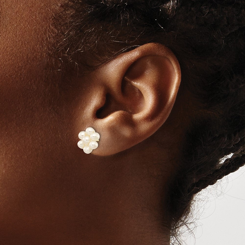 PGE 10k 3-4mm White Egg Freshwater Cultured Pearl Flower Post Earrings