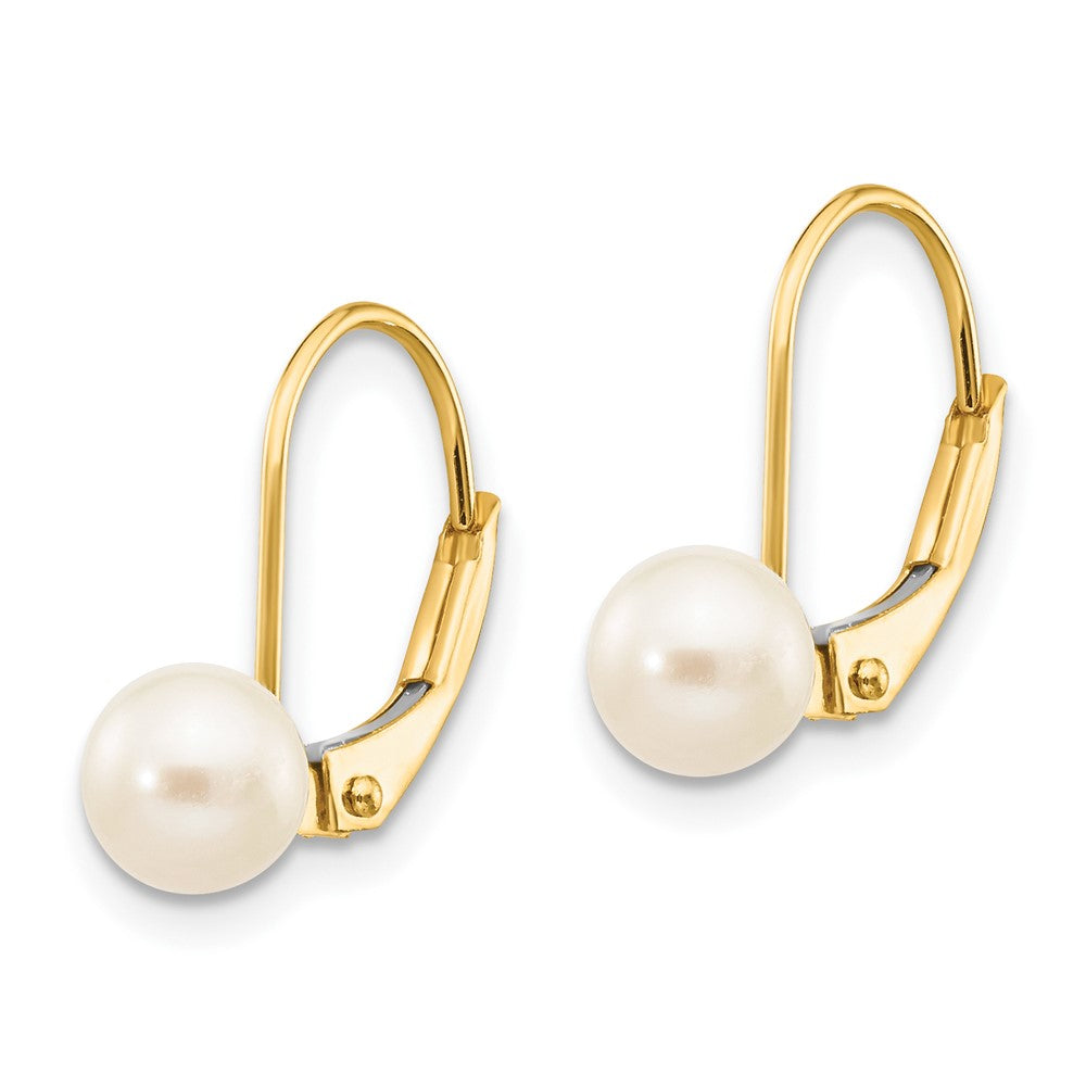 PGE 10k 5-6mm White Round Freshwater Cultured Pearl Leverback Earrings