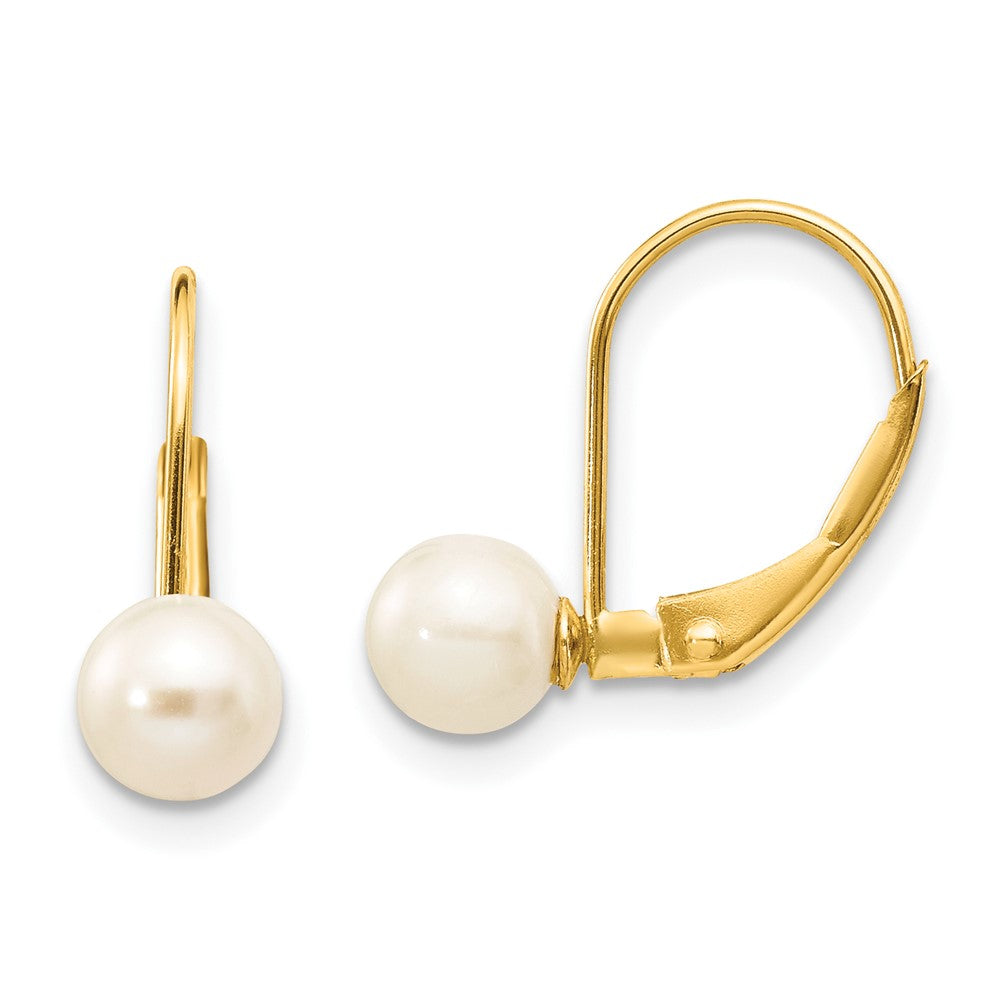 PGE 10k 5-6mm White Round Freshwater Cultured Pearl Leverback Earrings