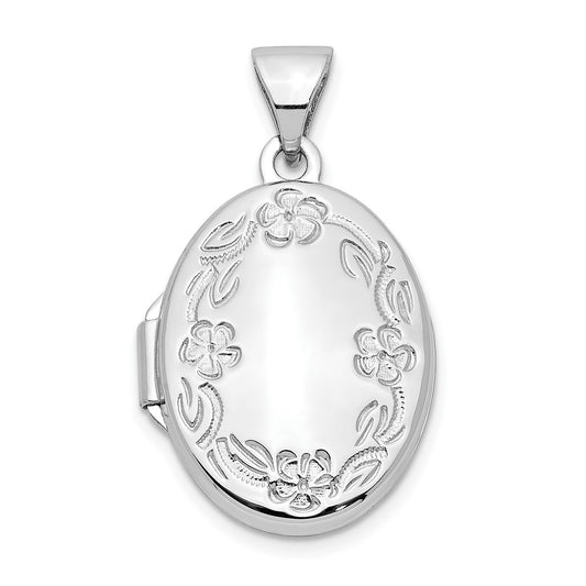 10k White Gold 17mm Oval Leaf Floral Hand Engraved Locket