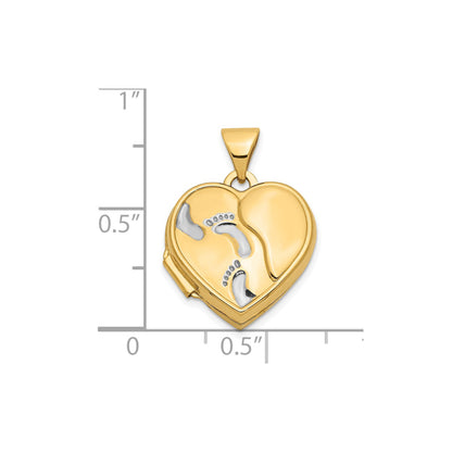 10k w/ White Rhodium 15mm Reversible Foot Prints Heart Locket